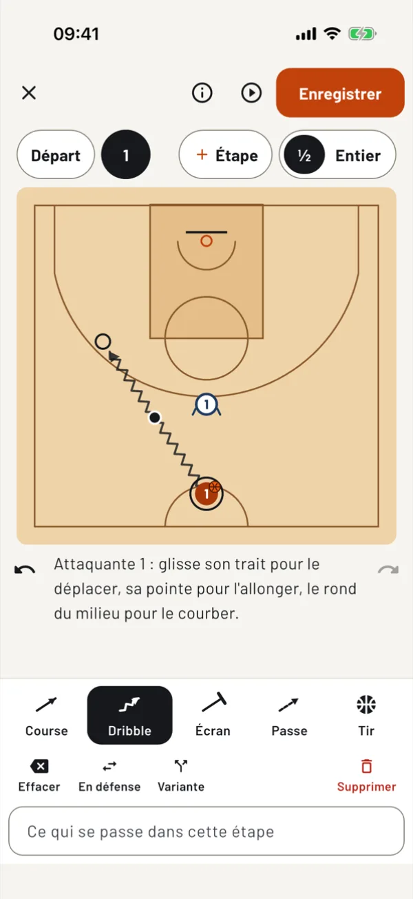 L'éditeur : une attaquante dribble, son tracé en zigzag, et la barre d'outils course, dribble, écran, passe, tir