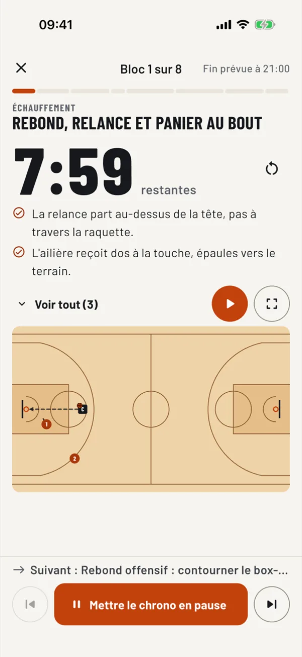 Le mode terrain : un chrono de 7 minutes 59, les points clés de l'exo et son schéma